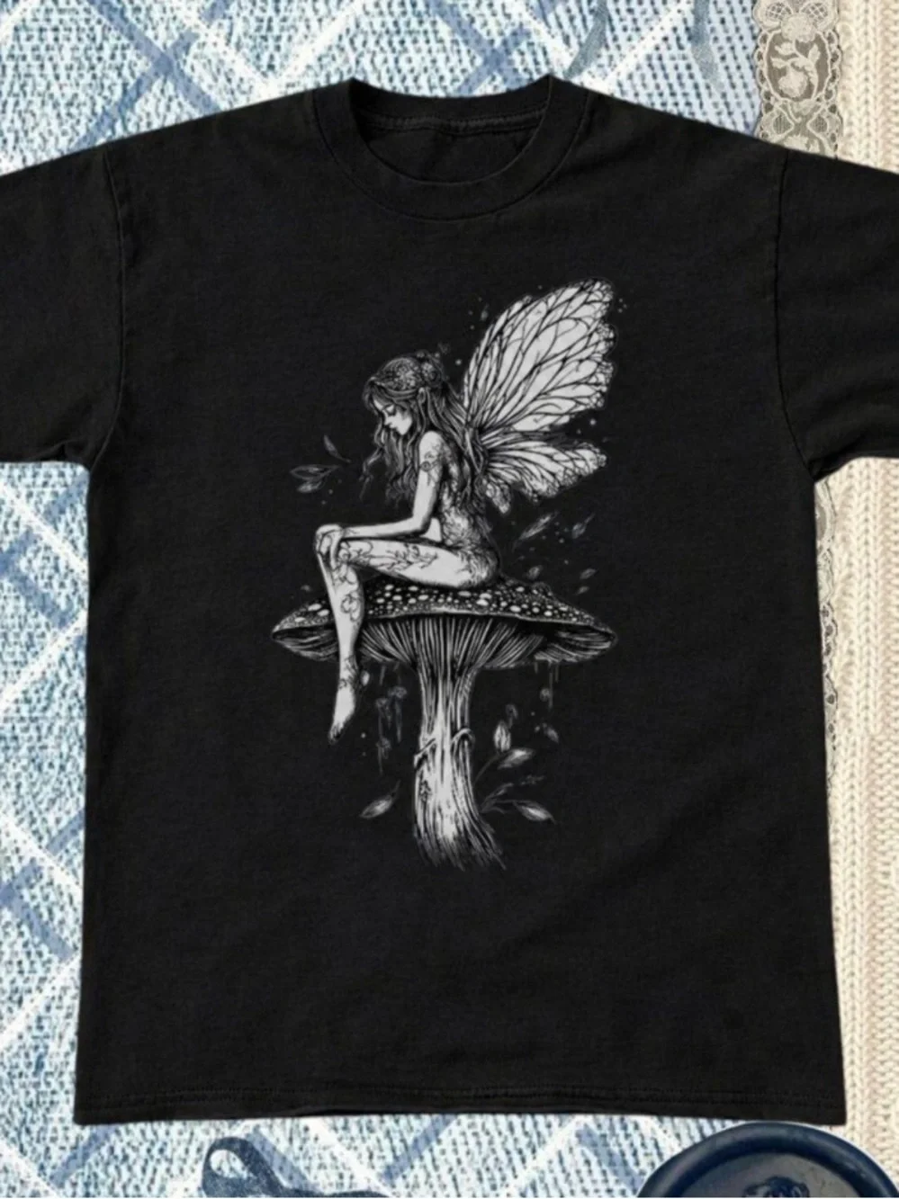 Fairy Mushroom Pattern T-shirt Black